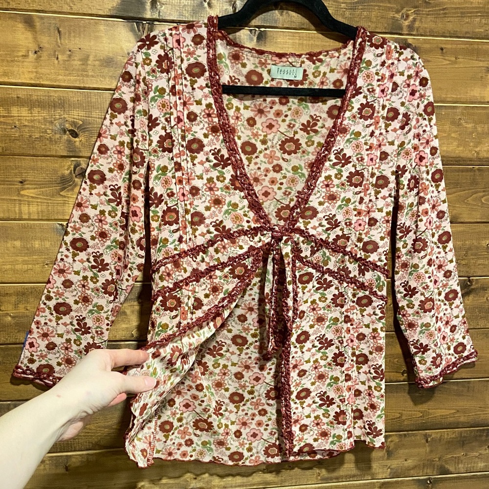 Vintage Vessuti Floral V-Neck Tie-Front Top | Size M